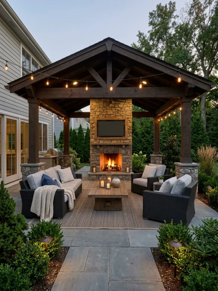 Complete four-season outdoor living room featuring cover, heating, lighting, and durable furniture