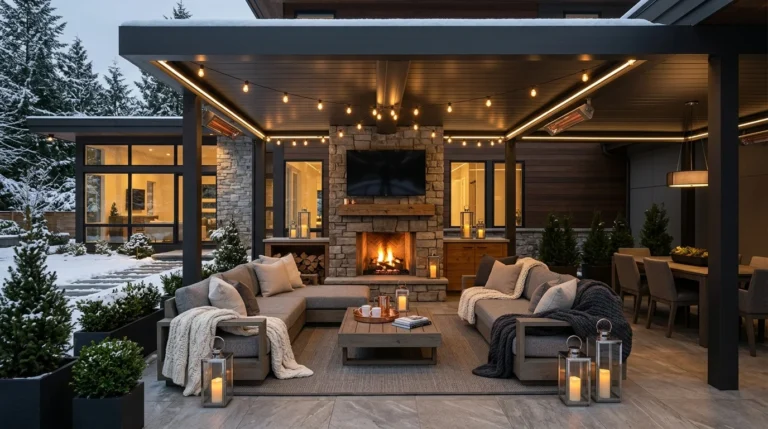 Luxury four-season outdoor living room with covered pergola, fireplace, cozy seating, and all-weather design for year-round outdoor living.