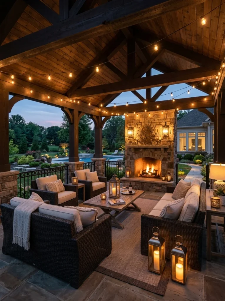 Outdoor patio beautifully lit with layered lighting for evening relaxation.