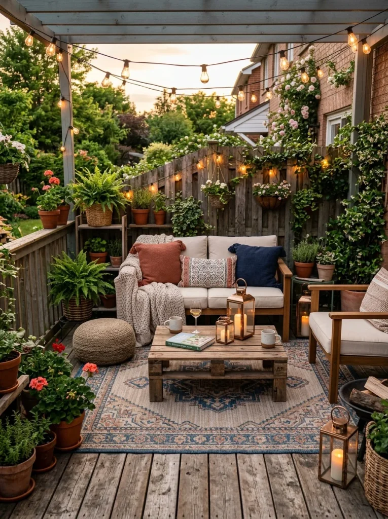 Affordable outdoor living setup with cozy furniture, lighting, and greenery.