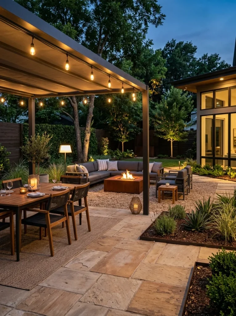 Modern patio with stone paving and minimal landscaping for easy maintenance.