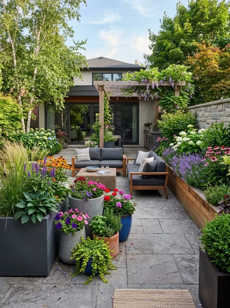 Modern patio featuring decorative container gardens with flowers and ornamental plants.