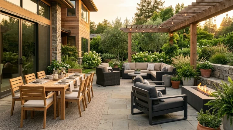 Modern outdoor patio showcasing teak, aluminum, resin, cedar, and stone furniture for different climates and budgets.