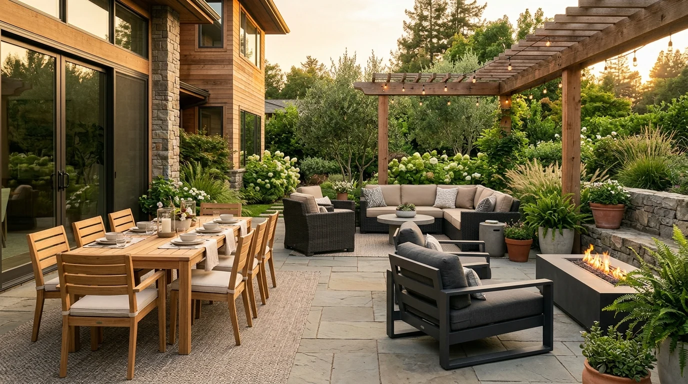 Modern outdoor patio showcasing teak, aluminum, resin, cedar, and stone furniture for different climates and budgets.