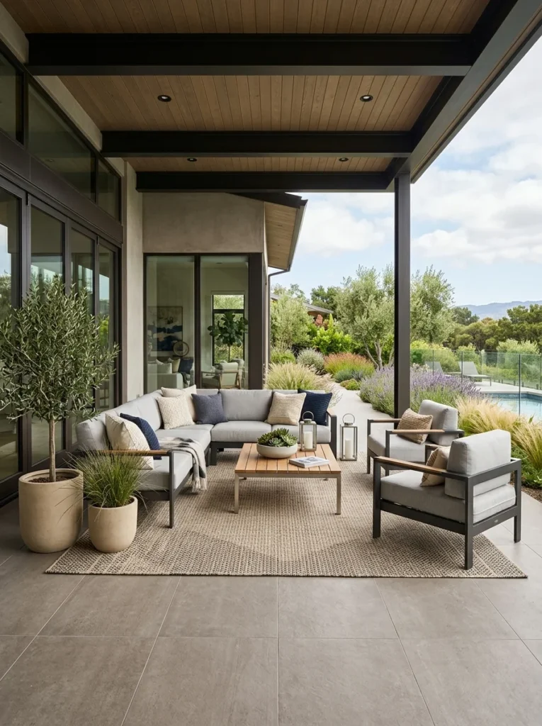 Outdoor rug and porcelain tile flooring designed for all-weather durability.