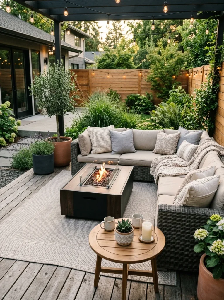 Outdoor cushions, pillows, and rug creating a warm and inviting backyard seating area.