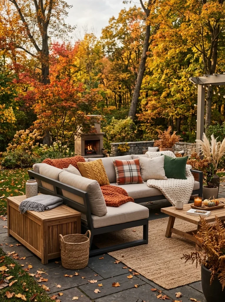 Outdoor seating styled with blankets and decorative cushions for added comfort.