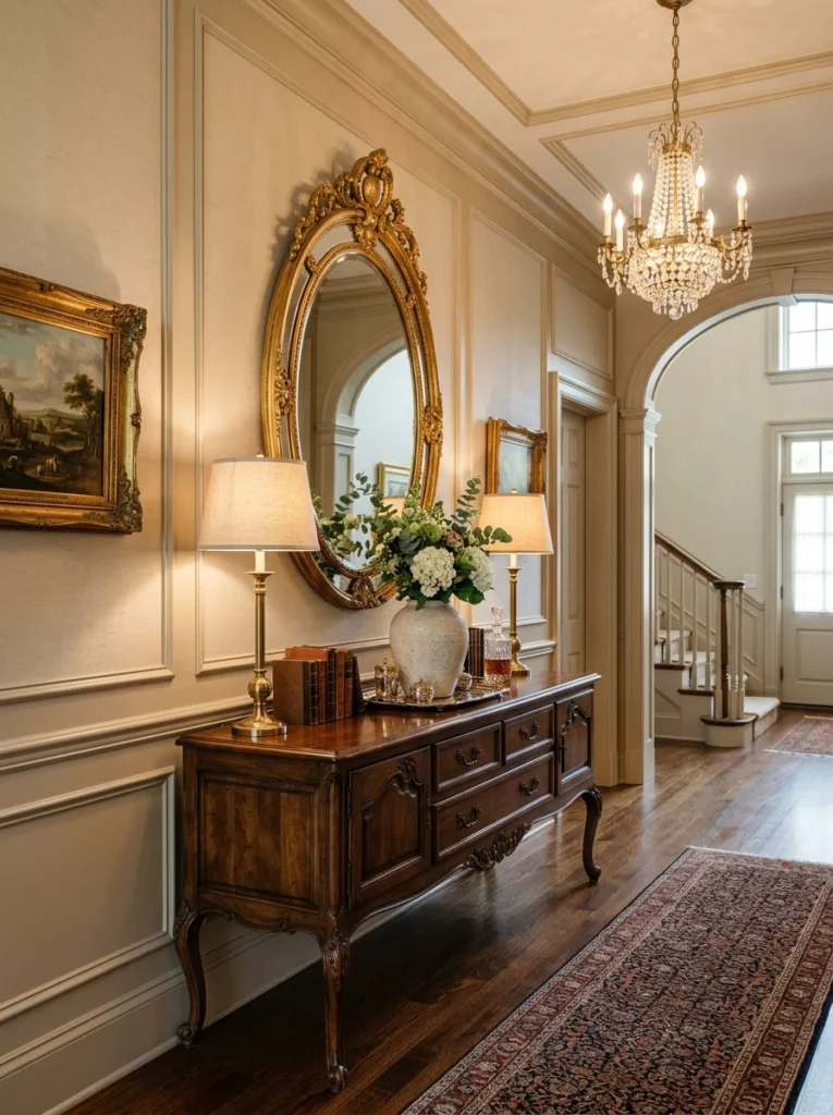Oval mirror displayed above a hallway console table.