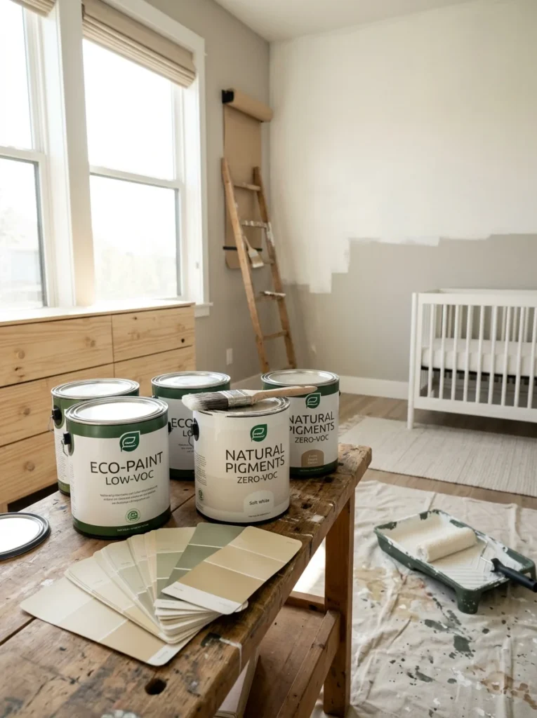 Certified low-VOC and zero-VOC paint used for creating a healthier nursery.