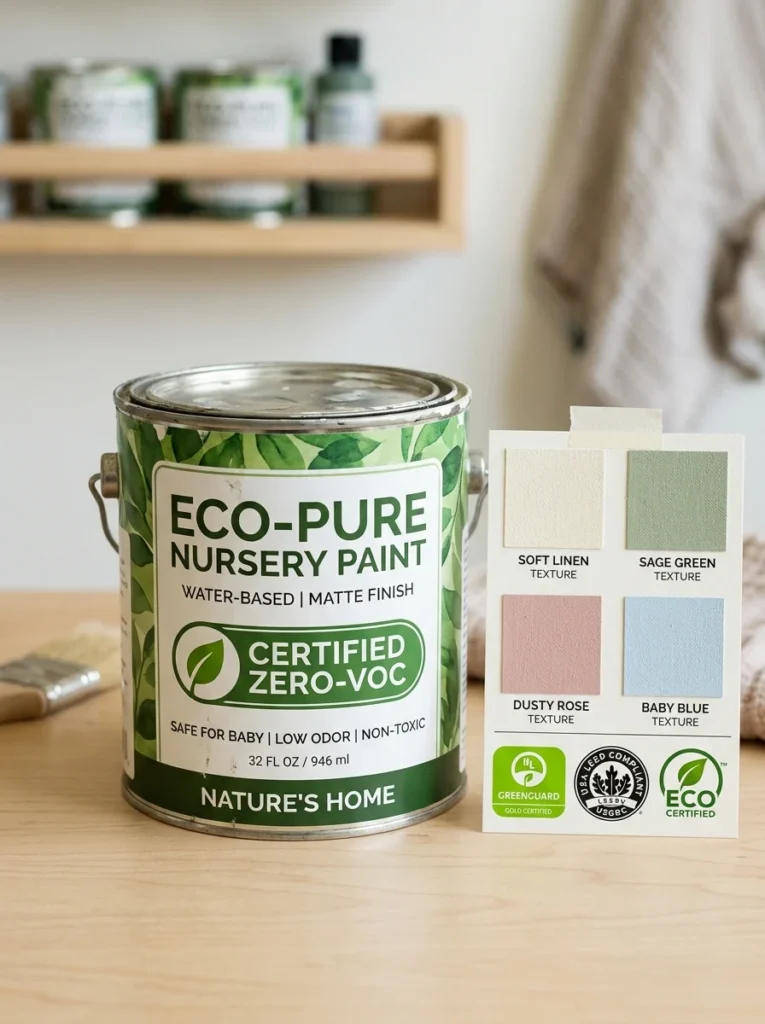 Certified low-VOC nursery paint with verified safety standards.