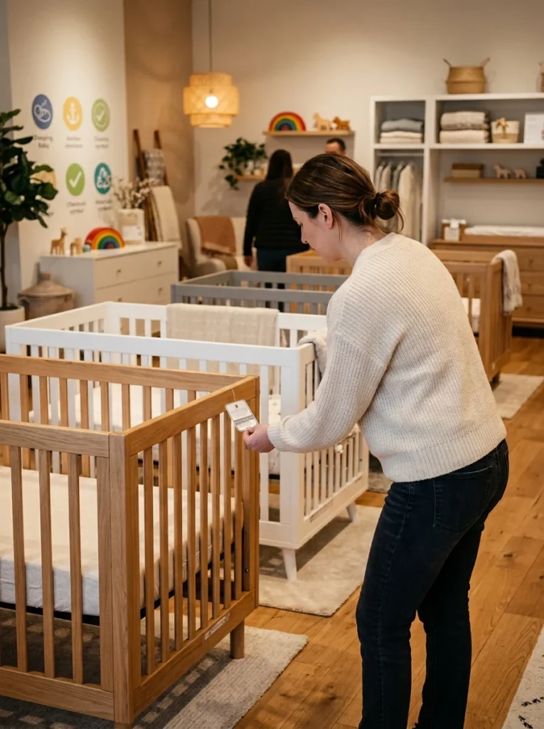 Parent comparing baby cribs while checking important safety features.