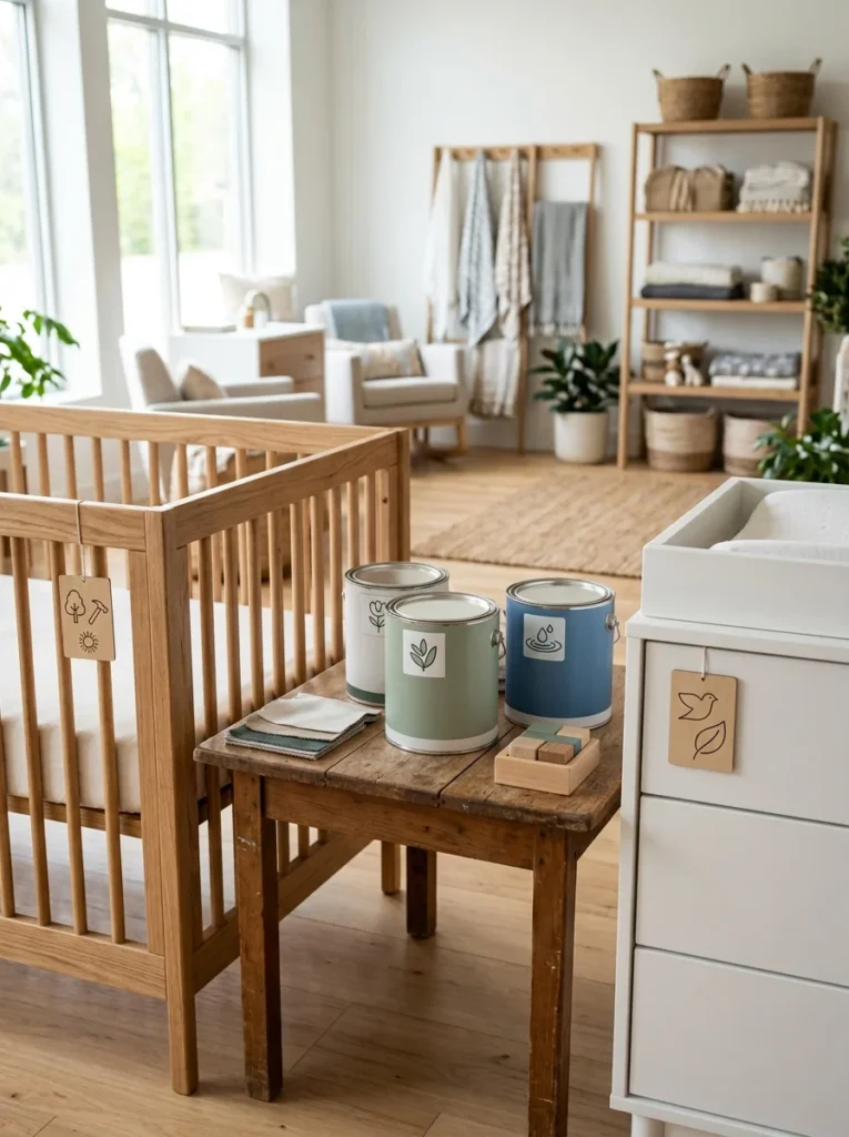 Parent researching certified non-toxic paint and safe nursery furniture before decorating a baby's room.