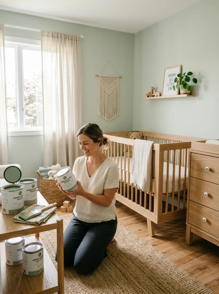 Low-VOC nursery paint and child-safe furniture finishes inside a modern nursery.