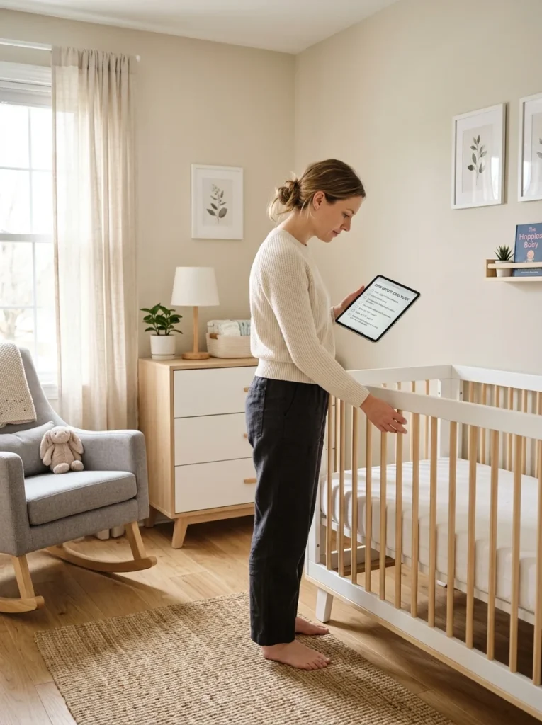 Parent inspecting a nursery crib and room safety before bringing a newborn home.