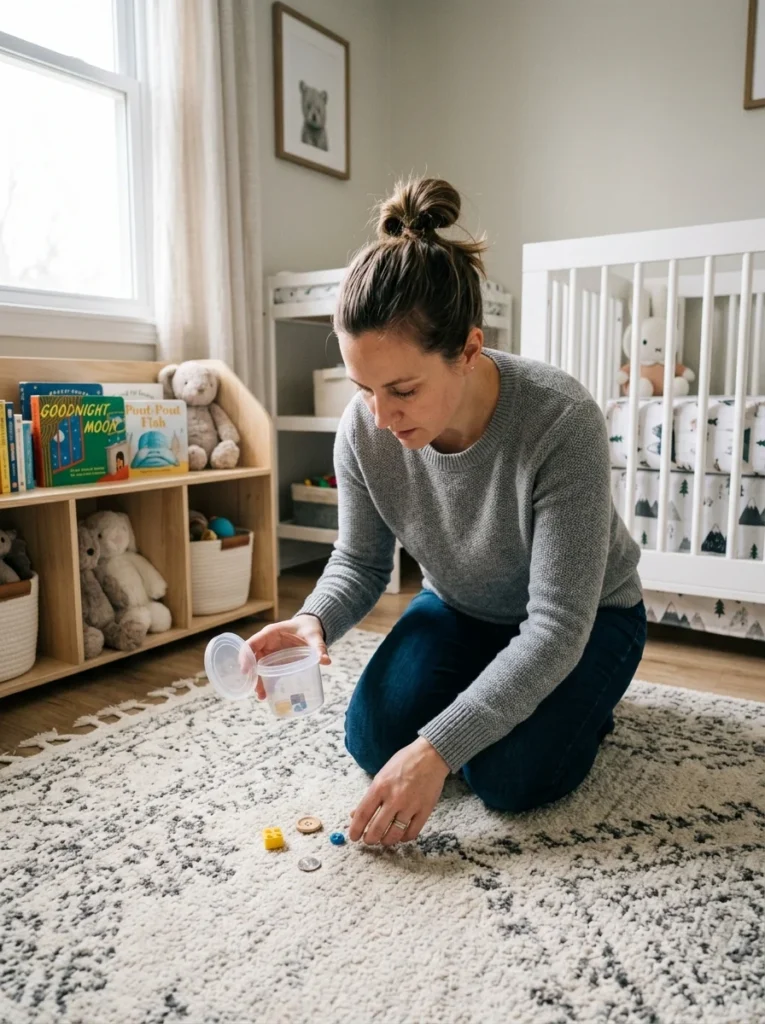 Parent removing small choking hazards from the nursery floor.