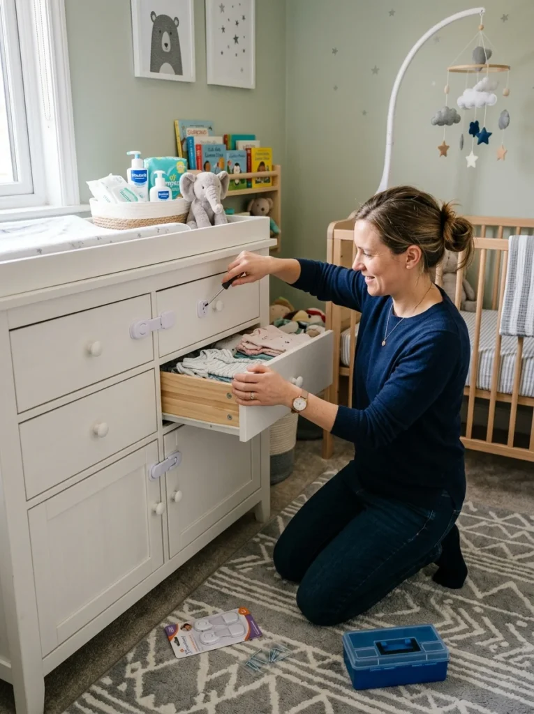 Child safety locks installed on nursery cabinets and drawers.
