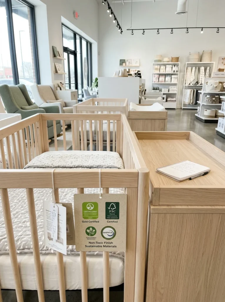 Parent reviewing certified safety labels before buying nursery furniture.
