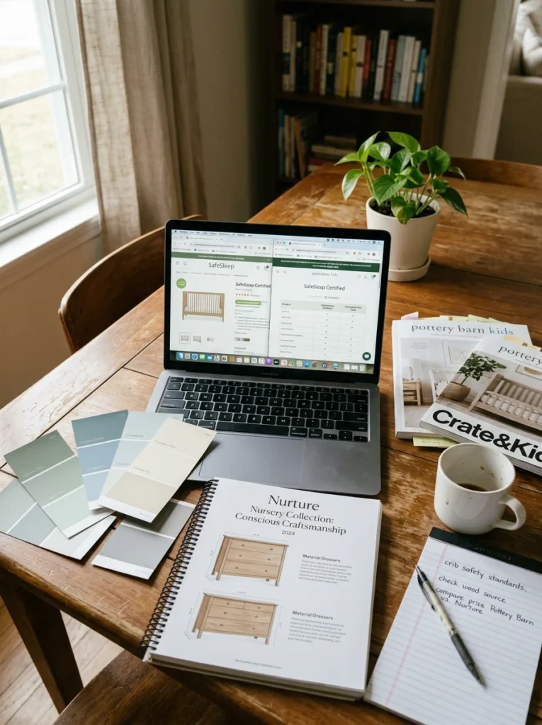 Parent researching trusted nursery furniture brands and certifications online.