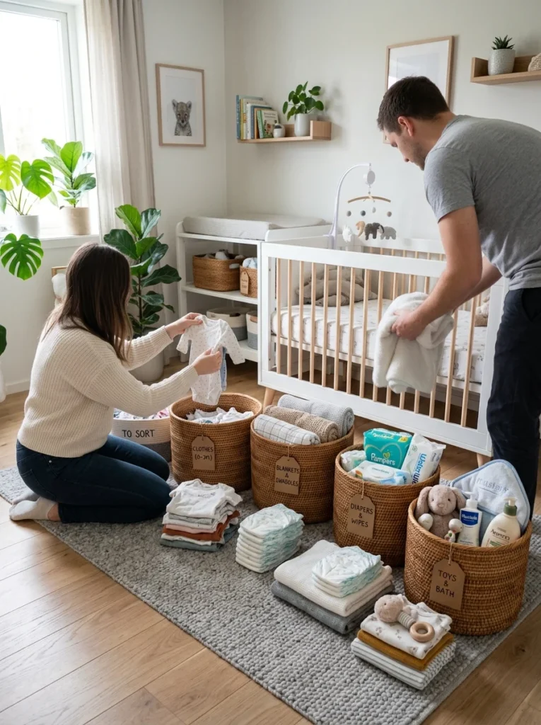 Baby clothes, diapers, toys, and supplies sorted into organized categories inside a nursery.