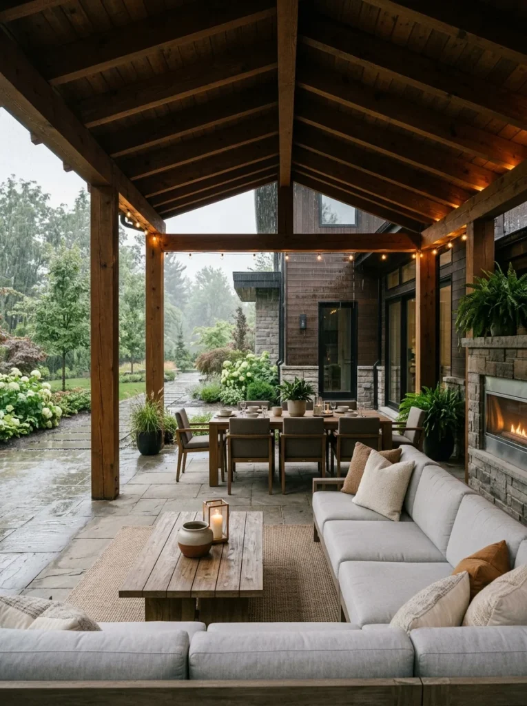 Covered pergola protecting an outdoor seating area from rain and snow.