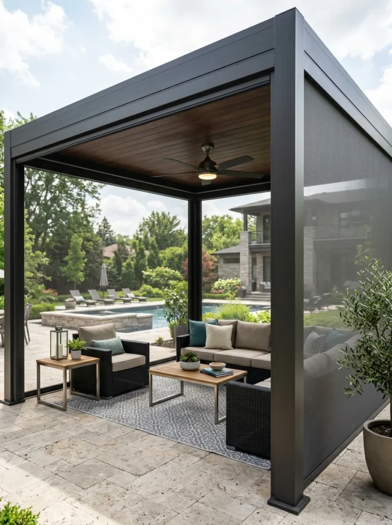 Covered patio with retractable screens for insect protection during summer.