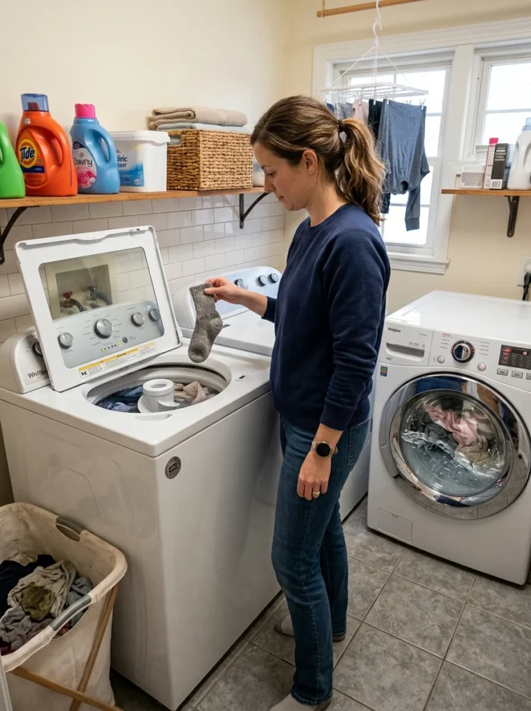 Person adding laundry to a top-load washer during a wash cycle.