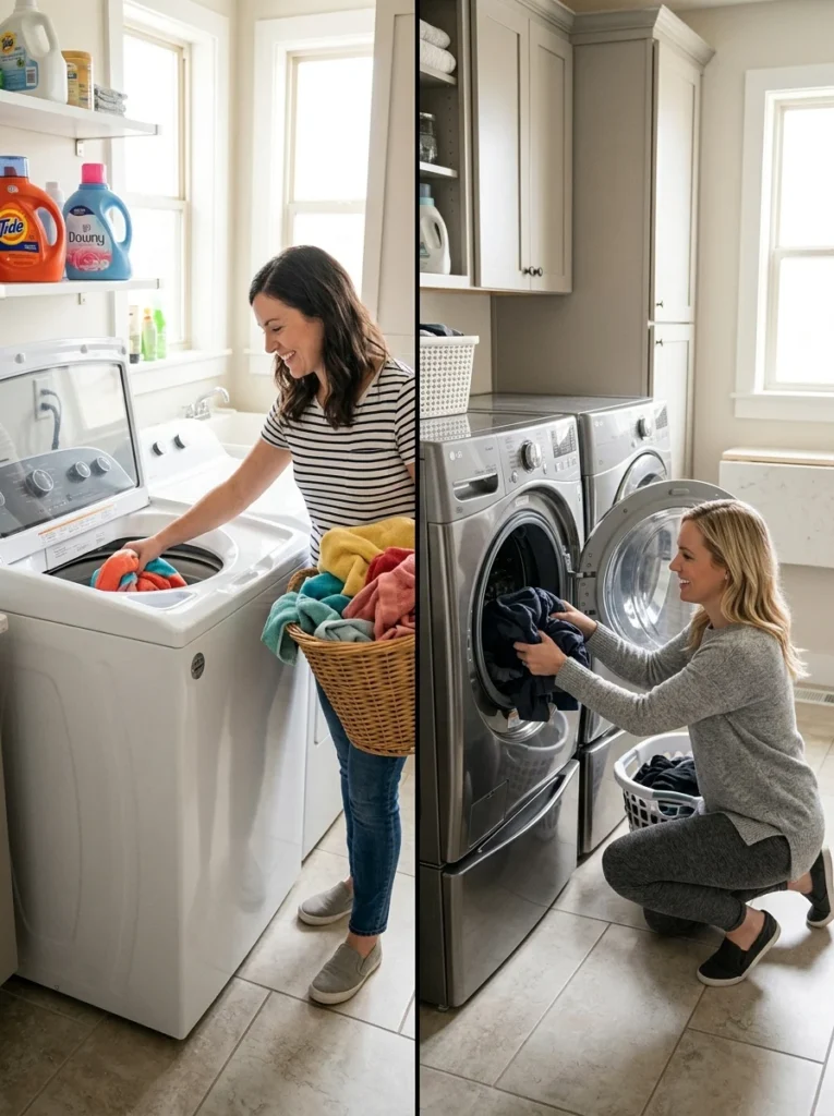 Comparison of loading a top-load washer and a front-load washer on a pedestal.