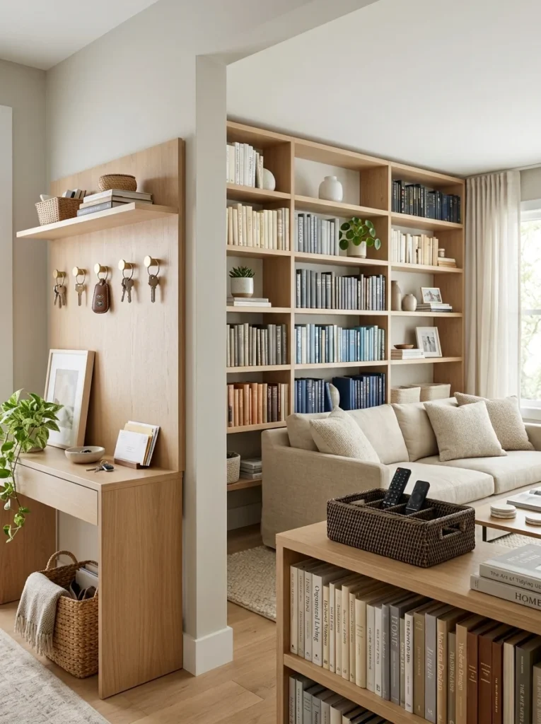 Organized storage system with household items being returned to designated spots.