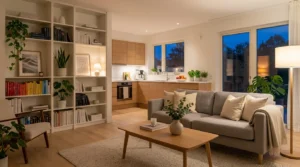 Person completing a quick nightly home reset in a clean modern living room.
