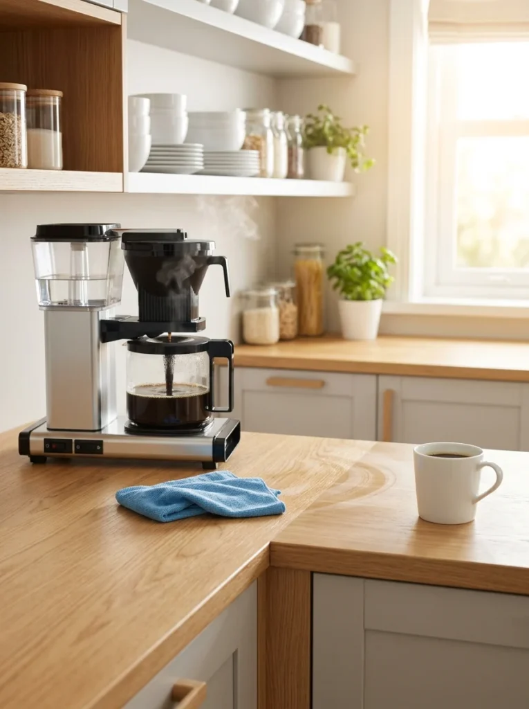 Person combining a morning coffee routine with a simple household chore.