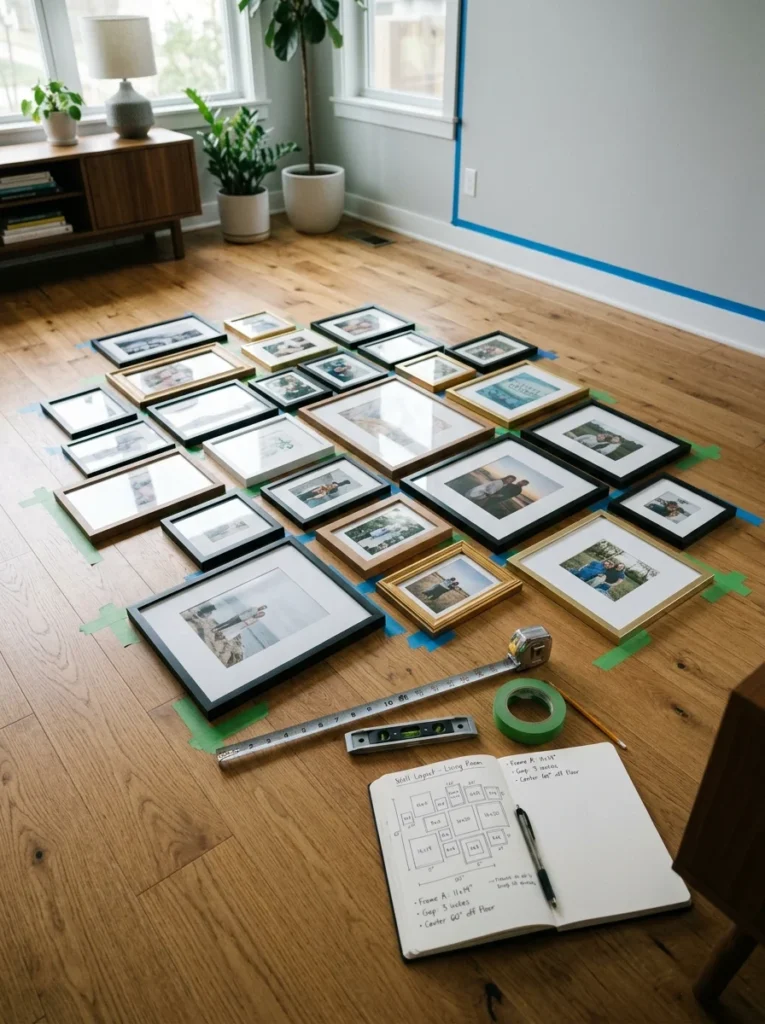 Mixed picture frames arranged on the floor to plan a gallery wall layout.