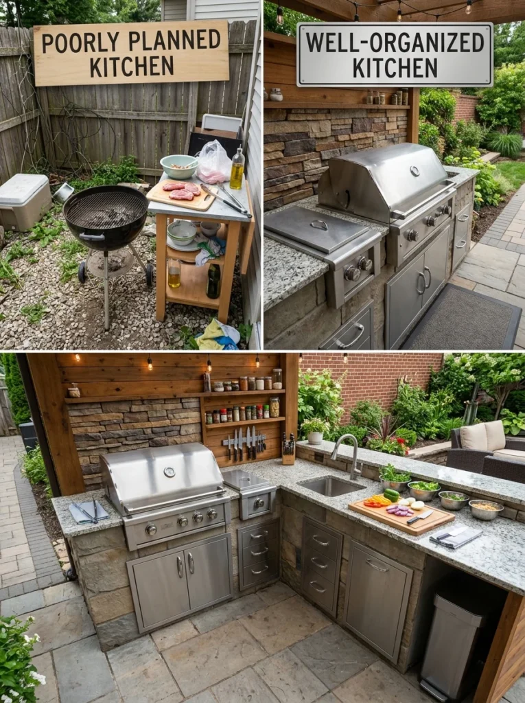 Comparison showing poor and well-planned outdoor kitchen layouts with adequate prep space.