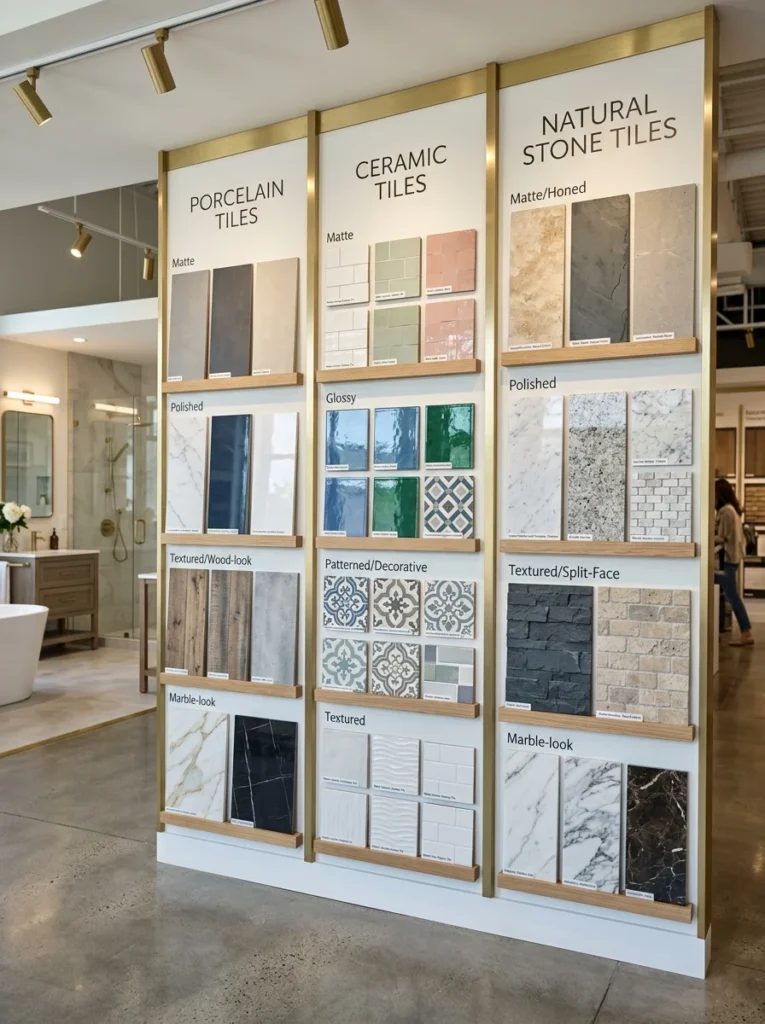 Comparison of porcelain, ceramic, and natural stone bathroom tiles.