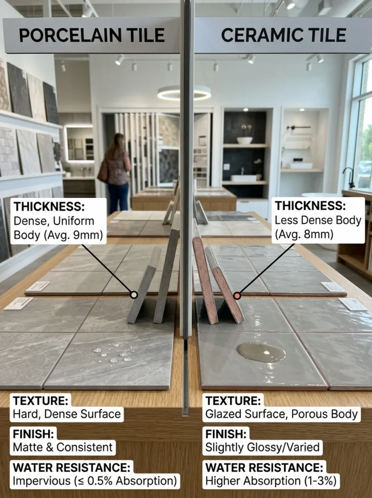 Porcelain and ceramic bathroom tiles displayed side by side.