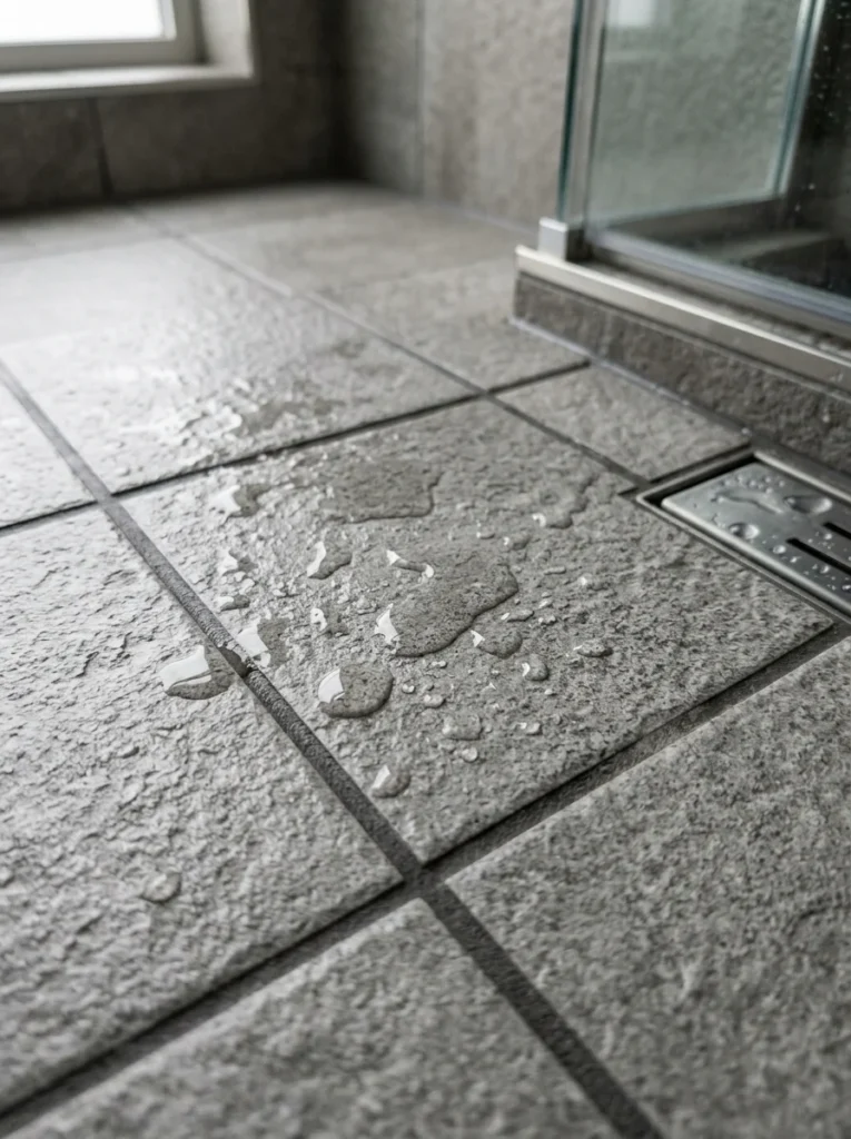 Slip-resistant textured porcelain shower floor tile.