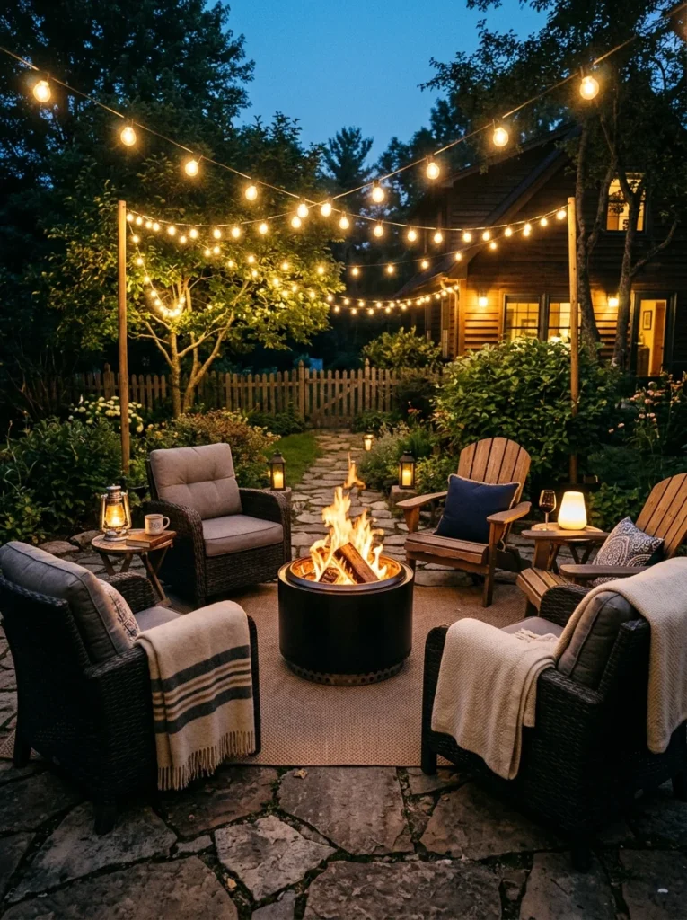 Portable fire pit creating a cozy focal point in a backyard seating area.