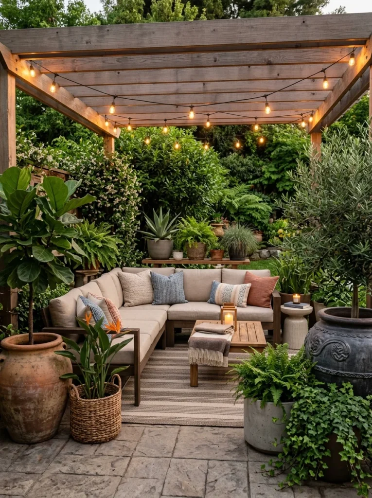 Potted plants adding privacy and greenery to a cozy backyard seating space.