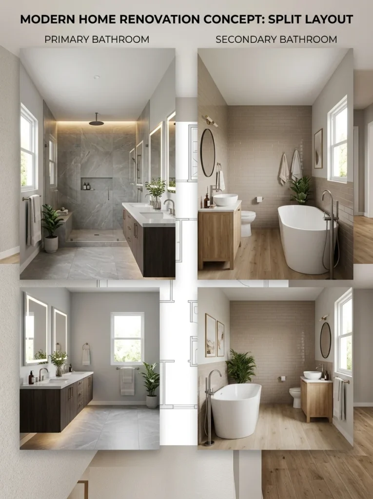 Primary bathroom with walk-in shower and secondary bathroom with bathtub.