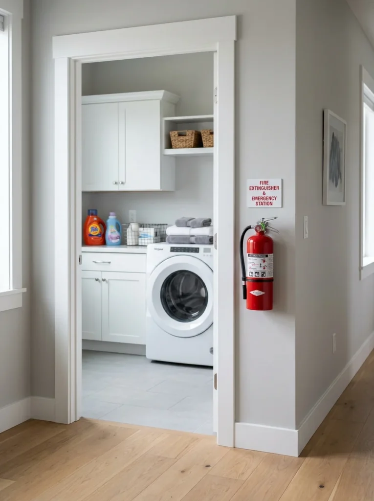 Fire extinguisher mounted beside a modern laundry room for emergency safety.