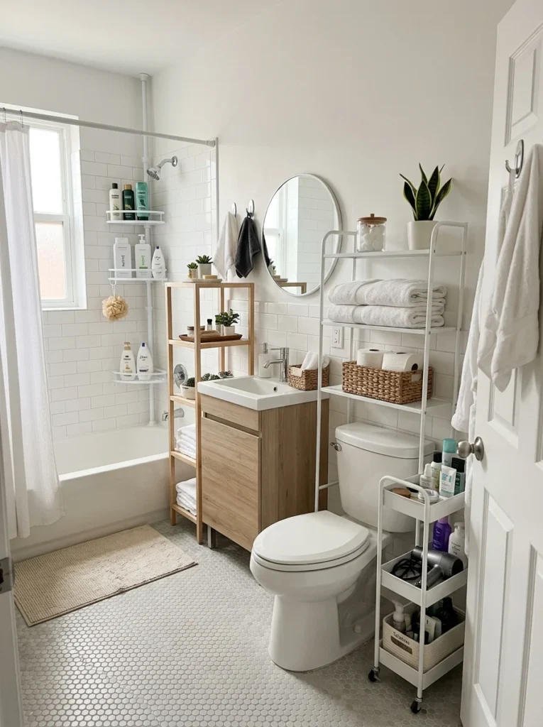 Rental bathroom organized with removable storage solutions and freestanding shelves.