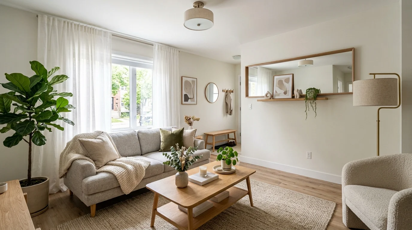 Modern small rental living room designed with space-saving furniture, mirrors, light colors, and renter-friendly decor ideas.