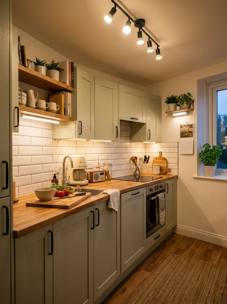 Kitchen upgraded with plug-in LED lighting and smart bulbs without rewiring.
