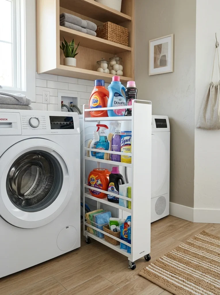 Narrow rolling storage cart maximizing unused laundry room space.