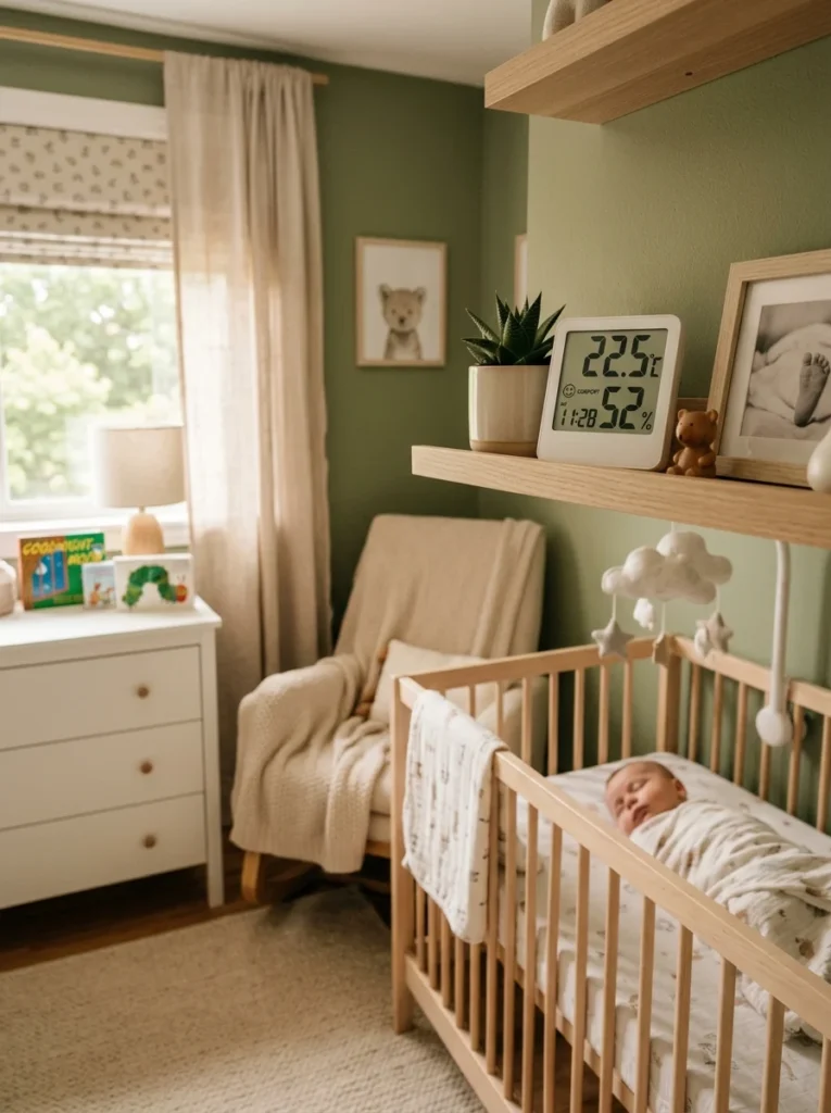 Room thermometer monitoring a comfortable nursery temperature for infant sleep.