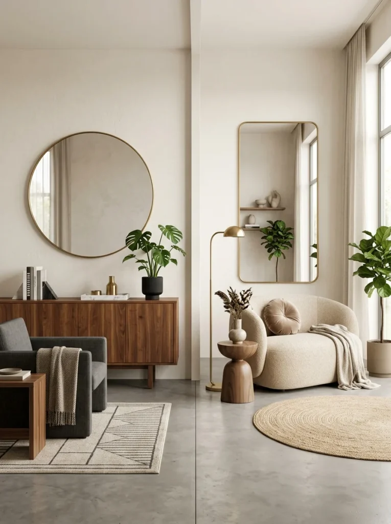 Matching mirror shapes with furniture styles.