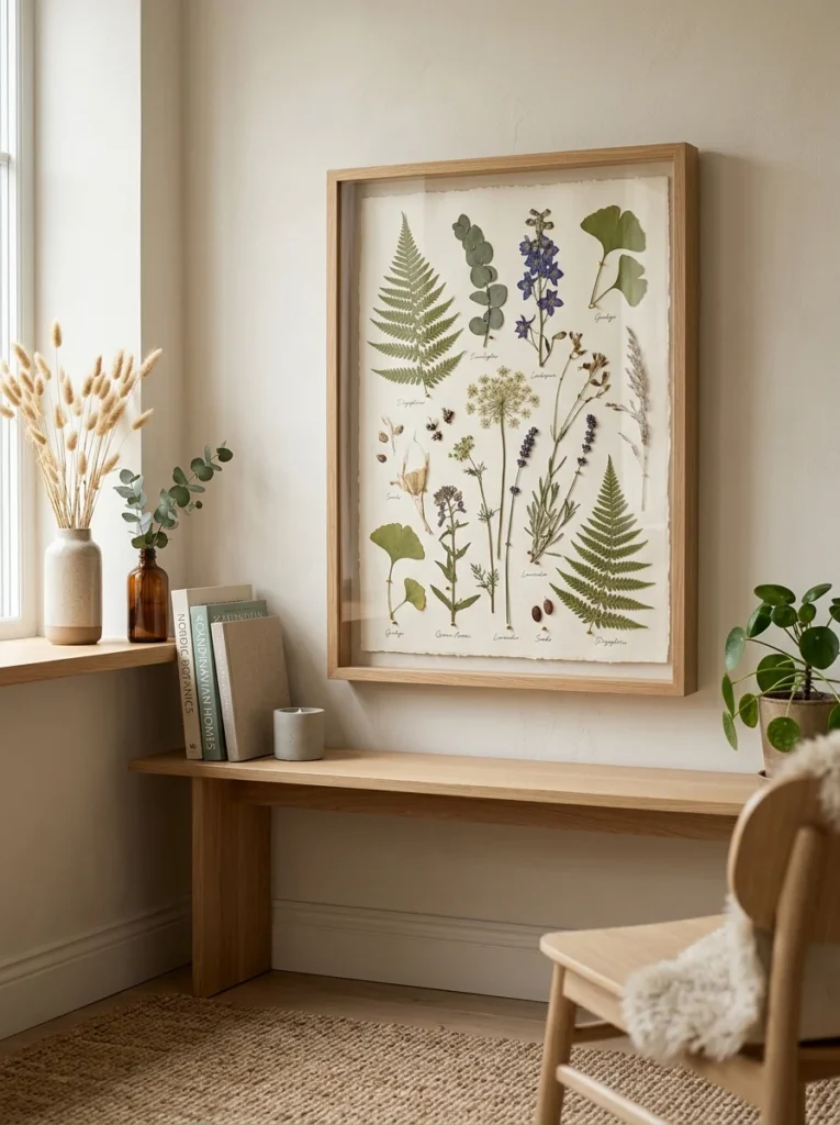 Decorative shadow box displaying pressed botanicals on a wall.