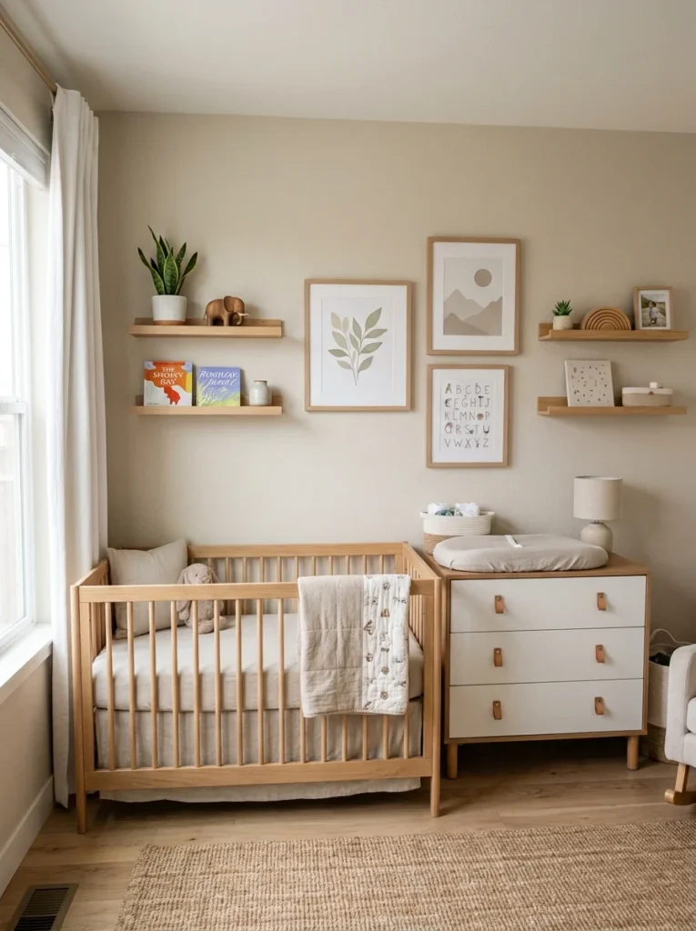 Wall shelves above the crib adding storage in a compact nursery.