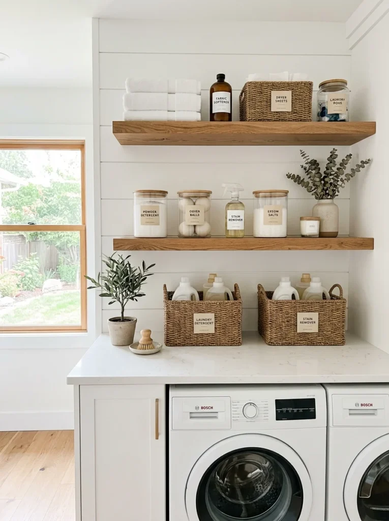 Laundry essentials neatly stored on open shelves for quick access.