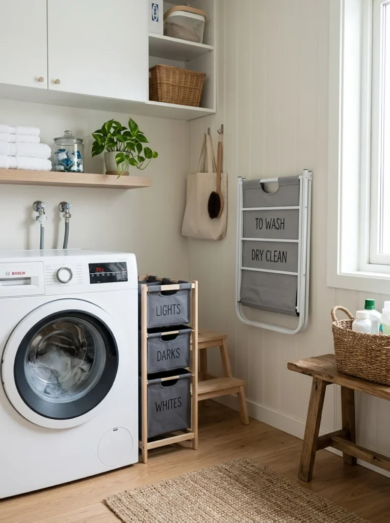 Slim laundry hamper designed for compact laundry rooms.