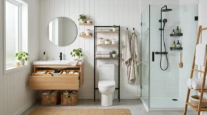 Neatly organized small bathroom with practical storage ideas and clutter-free surfaces.
